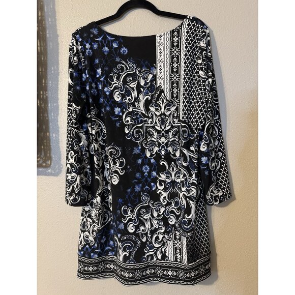 WHBM Dress Black Blue White XL Colorful 3/4 Long Sleeve Stretch Shift Washable - Picture 4 of 12